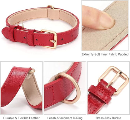 WHIPPY Leather Dog Collar for Small Medium Large Dog Adjustable Soft Breathable Leather Padded Puppy Collar with Alloy Buckle Heavy Duty Waterproof Classic Dog Pet Collar,red,S