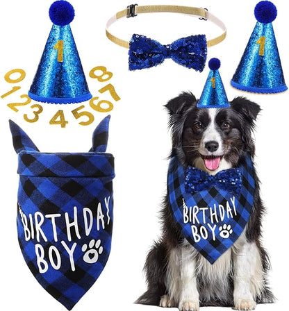 Weewooday Dog Birthday Party Supplies Birthday Boy Girl Cake Bandana Triangle Scarf Party Hat Dog Bow Tie Collar with Numbers for Large Medium Small Dog Puppy 1st Birthday(Elegant Style,X-Large)