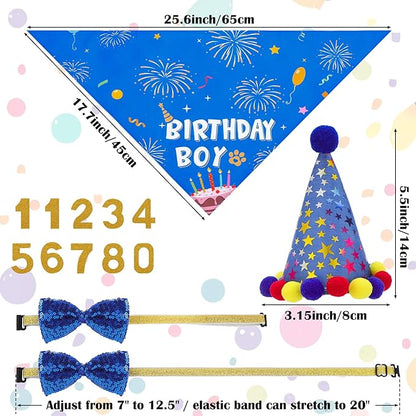 Dog Birthday Decorations, Dog Birthday Hat with Numbers Bandana Bow Tie It’s My Bday Mother Puppers Banner for Small Medium Large Dogs Pets Supplies(Blue)