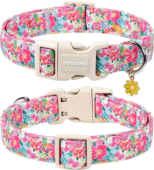 DOGWONG Spring Flower Dog Collar-Cute Floral Daisy Dog Collar, Adjustable Soft Girl Female Dog Collar for Medium Large Dogs, L