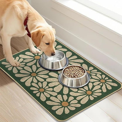 SHIYUE Dog Food Mats for Floors, Absorbent Cat Bowl for Food and Water, Non-Slip Accessories Pet Supplies(12"x20",Forest Green Flower)