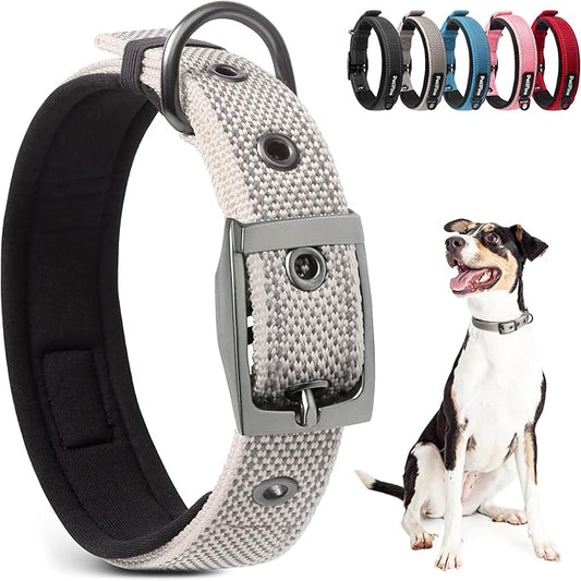 PetiFine Dog Collar for Large Dogs, Neoprene Padded and Adjustable, Reflective Wide Heavy Duty Pet Collars with Durable Metal Belt Buckle for Walking, Grey, L