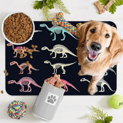 Dinosaur Skeleton Dog Cat Food Mat,Vintage Color Absorbent Pet Feeding Mat with Rubber Backing,Non-Slip Water Bowl Placemat,Indoor Pet Accessories Supplies 16"x24"