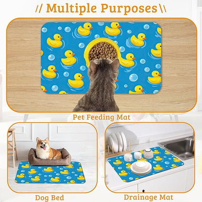 Yellow Rubber Ducks Dog Food Mat,Soap Bubbles Absorbent Pet Feeding Mat for Food and Water Bowl,Quick Dry Dog Placemat Non Slip Rubber Backing Waterproof Pet Supplies 16" x 24"