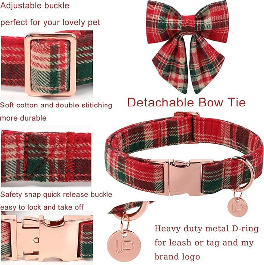 Christmas Plaid Dog Collar with Bow Tie– Adjustable Red & Green Checkered Dog Collar for Small Medium Large Dogs, Soft Xmas Plaid Puppy Collars with Quick Release Buckle M