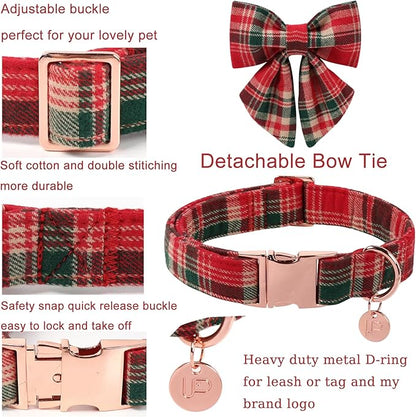Christmas Plaid Dog Collar with Bow Tie– Adjustable Red & Green Checkered Dog Collar for Small Medium Large Dogs, Soft Xmas Plaid Puppy Collars with Quick Release Buckle L
