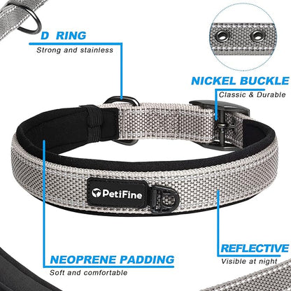 PetiFine Dog Collars for Small Dogs, Neoprene Padded Dog Collar, Reflective Heavy Duty Pet Collars with Durable Metal Belt Buckle for Walking, Grey, S