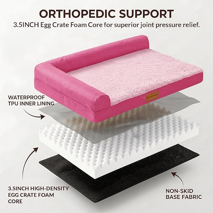 Patas Lague Orthopedic XL Dog Bed Large Sized Dog 48''X30'', Waterproof L Bolster Big Large Pet Sofa Beds with Removable Washable Cover, Soft Comfortable Pet Couch Crate Mat with Nonskid Bottom, Pink