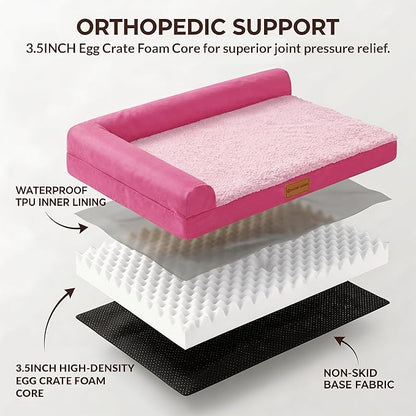 Patas Lague Orthopedic XL Dog Bed Large Sized Dog 42''X28'', Waterproof L Bolster Big Large Pet Sofa Beds with Removable Washable Cover, Soft Comfortable Pet Couch Crate Mat with Nonskid Bottom, Pink