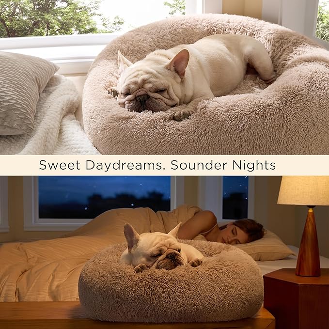 Bedsure Calming Dog Bed Medium Size Dog - Donut Washable Medium Pet Bed, 30 inches Anti-Slip Round Fluffy Plush Faux Fur Cat Bed, Fits up to 45 lbs Pets, Camel
