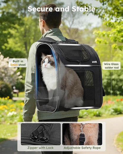 Pecute Cat Backpack Carrier XL, Expandable Pet Backpack for Cats & Small Dogs Up to 15lbs, with 4-Side Breathable Mesh, Multi-Entry & Lockable Zippers for Travel, Hiking, Camping - Hands Free, Black