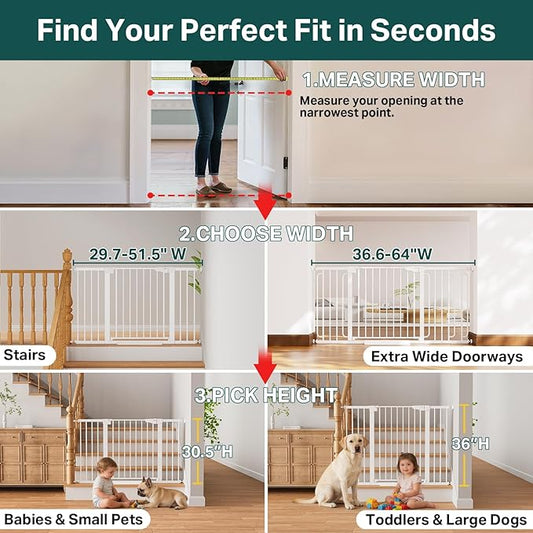 Cumbor 29.7"–51.5" Extra Wide Baby Gate for Stairs, Pressure-Mounted Dog Gates for Doorways & Hallways, Auto-Close Walk-Through, No-Trip Design, Child Proof Safety, Dog/Pet Gate for Indoor Use, White