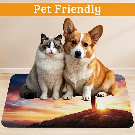 Pet Feeding Mat,Cross Absorbent Dog Cat Food Mat Sunset Dog Mat with Rubber Backing,Non-Slip Water Bowl Placemat,Pet Supplies 16" x 24"