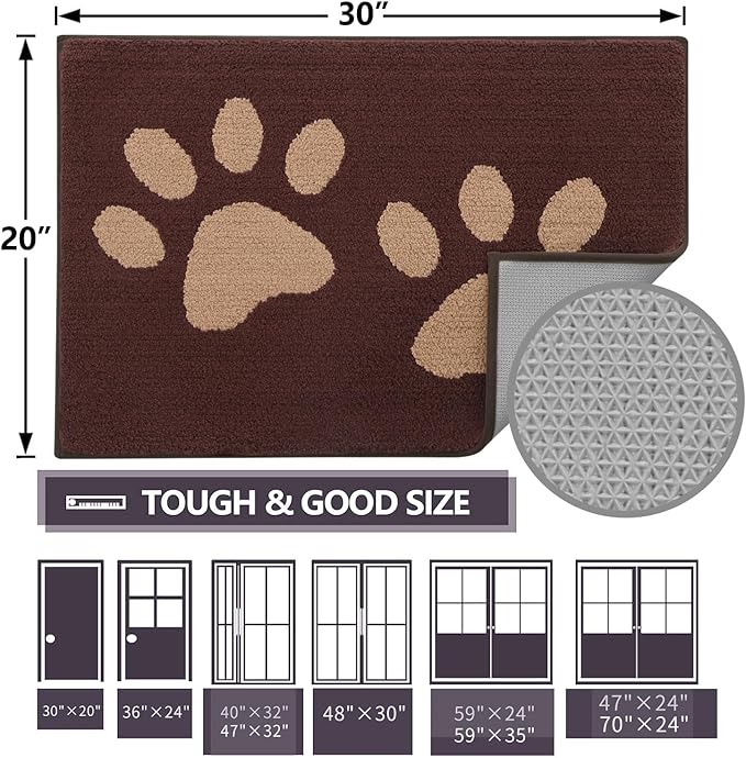 Buganda Dog Door Mat for Muddy Paws, Absorbent Dirt Trapper Washable Indoor Doormats, Non Slip Low-Profile Mud Mat for Dogs, Front Entrance Doormat for Inside Floor (36x24 Inches, Brown)