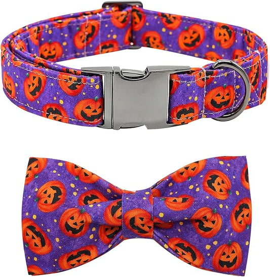 Dog Collar - Halloween Pumpkin Bowtie Pet Collar Gift Soft Bow Collar Pet Adjustable Metal Buckle Puppy Collars for Large Dogs