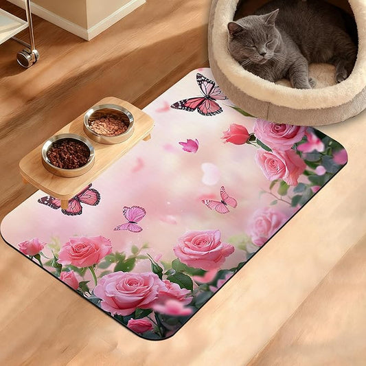 Rose Pink Dog Cat Food Mat,Butterfly Absorbent Waterproof Placemat for Food and Water Non Slip Rubber Backing Durable Feeding Pad for Clean Floors 16" x 24"
