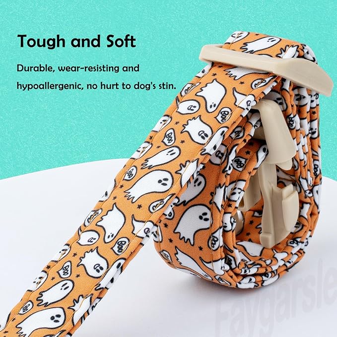 Faygarsle Halloween Ghost Pattern Dog Collar with Charm, Orange and White,for Small Medium Large Dogs S