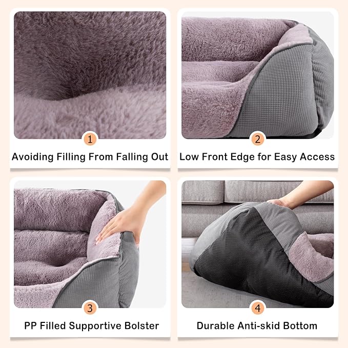 MIXJOY Dog Beds for Medium Dogs Washable, Calming Pet Bed Medium Size Dog, Soft Rectangle Pet Beds Sofa Cuddler, Orthopedic Sleeping Rabbit-Velvet Cozy Puppy Bed with Anti-Slip Bottom (30x24in, Grey)