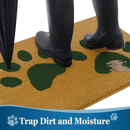 Buganda Dog Door Mat for Muddy Paws, Absorbent Dirt Trapper Washable Indoor Doormats, Non Slip Low-Profile Mud Mat for Dogs, Front Entrance Doormat for Inside Floor (36x24 Inches, Yellow and Green)