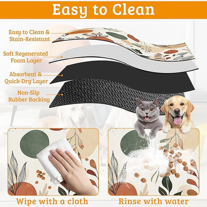 Boho Dog Cat Food Mat,Abstract Leaves Absorbent Waterproof Placemat for Food and Water Non Slip Rubber Backing Durable Feeding Pad for Clean Floors 12" x 20"