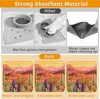 Pet Feeding Mat,Cactus Absorbent Dog Cat Food Mat Desert Dog Mat with Rubber Backing,Non-Slip Water Bowl Placemat,Pet Supplies 12" x 20"