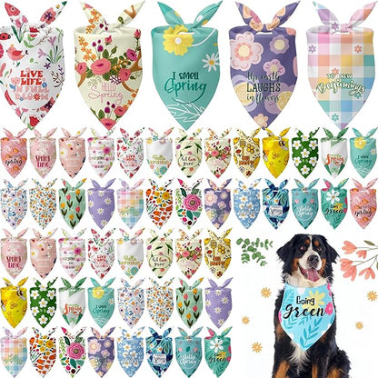 Kacctyen 50 Pcs Spring Dog Bandanas Bulk Large Bandanas for Dogs Grooming with Spring Flowers Bees Adjustable Pet Triangle Scarf Bib Washable for Small Medium Large Puppy Cats Pets Costume Accessories