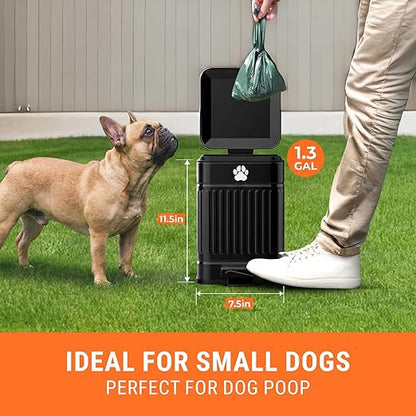 Pupzle Small Dog Poop Trash Can Outside, 1.3 Gal Metal Dog Waste Trash Can, Small Poop Bucket Outdoor with Lid, Poo Container Bin Waterproof Backyard Odor Control, 30 Bags (Black)