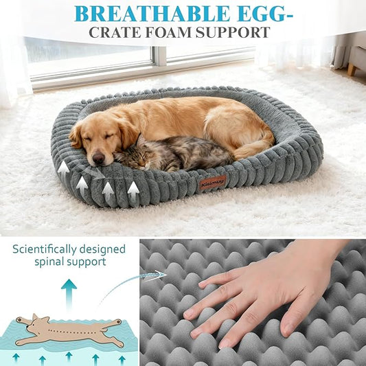 Cute Dog Bed for Medium Dogs, Orthopedic Rectangle Dog Bed with Washable Furry Cover and Anti-Slip Bottom, Soft Calming Puppy Bed with Handle, 30" x 24" x 5", Grey, L