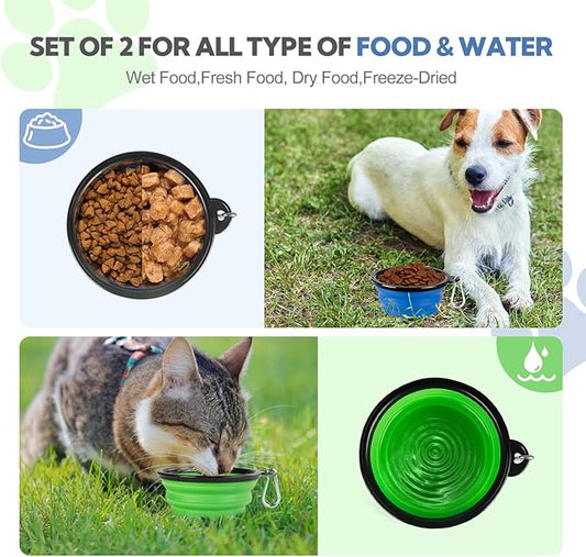 Collapsible Dog Bowls for Travel, 2-Pack Dog Portable Water Bowl for Dogs Cats Pet Foldable Feeding Watering Dish for Parking Camping Walking with 2 Carabiners Clip (12oz, Small, Blue+Green)