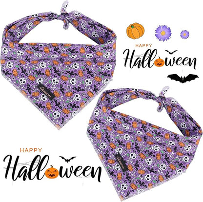 ARING PET Halloween Dog Bandanas, Cotton Purple Pumpkin Ghost Bat Floral Pet Bandanas Cute Triangle Bibs Scarf for Small Medium Large Boy Girl Dogs and Cats-L