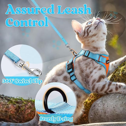 rabbitgoo Cat Harness and Leash Set, Escape Proof Soft Adjustable Vest Harnesses for Outdoor Walking, Easy Control Breathable Kitten Jacket with Reflective Strips, Orange & Light Blue, XS