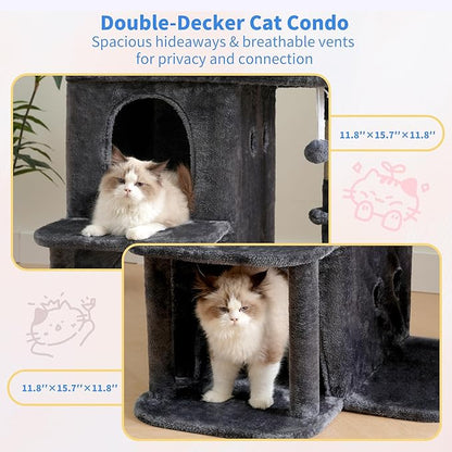 Heybly Cat Tree, 25.6-inch Cat Tower with Spacious Top Perch for Large Cats, Stair-Style Cat House Furniture with Dual-Layer Condos, Sisal Scratching Posts, Cozy Basket & Pompom, Smoky Gray HCT204SG