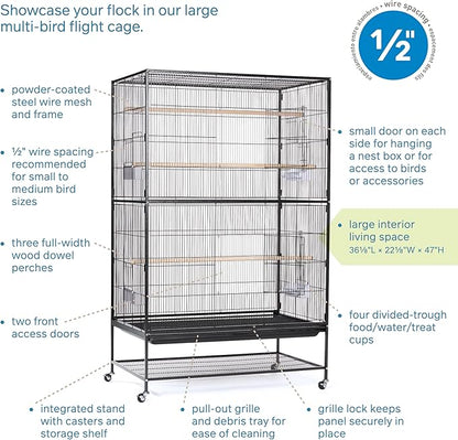 Prevue Hendryx Pet Products Wrought Iron Flight Cage - Big Rolling Bird Cage for Parakeets, Cockatiels, Conures, Lovebirds, Canaries, Finches, Parrotlets, & Caiques, 5 Ft - X-Large, Hammertone Black