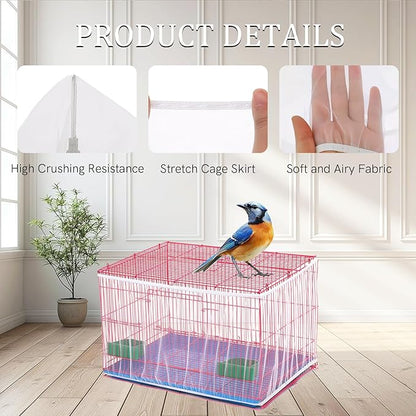 4 PCS Bird Cage Cover, Universal Bird Cage Seed Catcher, Adjustable Elastic Band Stretchy Skirts Mesh Cover, Reusable for Round and Square Cages (M, XL, Black, White)