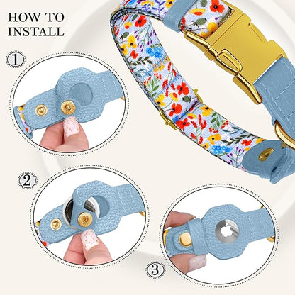 AirTag Dog Collar for Small Medium Large Breed - Adjustable Cute Pattern Dog Collar with Airtag Holder - Soft Leather Tracker GPS Apple Air Tag Pet Collars (Medium, 14"-18" Neck Fit, Floral)