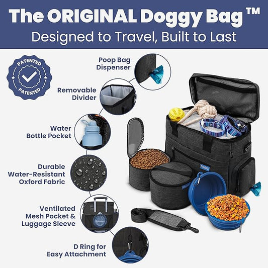 The Original Doggy Bag™ - Complete Dog Travel Bag for Supplies with 2 BPA-Free Travel Dog Bowls & 2 Pet Food Containers - Traveling Kit for Road Trips, Camping, Weekend Away or Doggy Gift: Charcoal