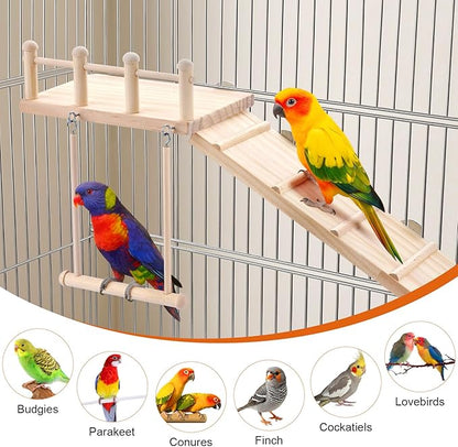 Wooden Bird Habitat Platform with Swing and Ladder - Sturdy Long Tailed Parrot cage Accessory, Suitable for Exercising and Entertaining Bird Games Gym - Perfect for Parrots, Canaries, Sparrows