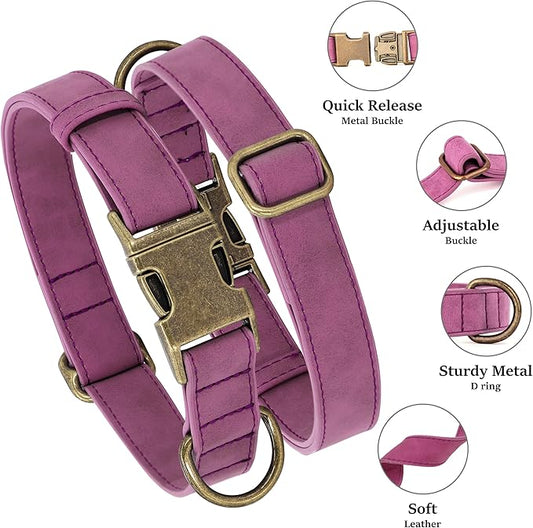 Didog Soft PU Leather Dog Collar, Stylish Quick Released Dog Collar for Large Dogs, Easy Clean Adjustable Pet Collar for Daily Walking, Purple, L Fit 15-23" Neck