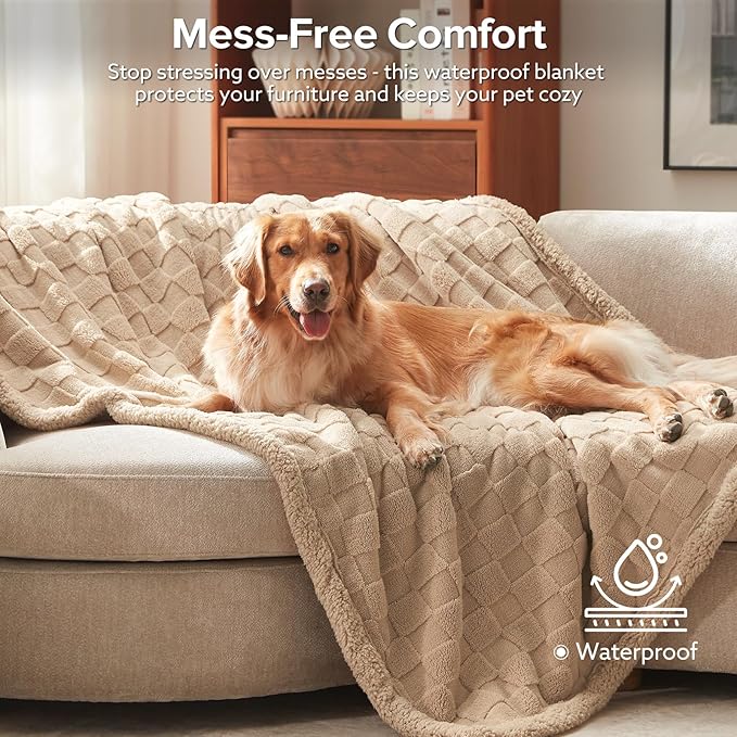 GASUR Waterproof Dog Blankets for Small Dogs, Dog Blanket for Couch Bed, Fleece Pet Blanket for Furniture Sofa Protector, Soft Puppy Throw Blankets for Crate Car Outdoor, Washable, 25"x35", Beige