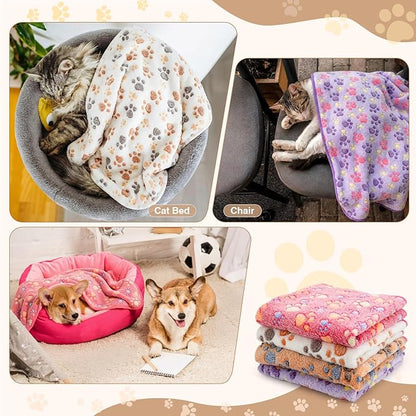 Tatuo 4 Pcs Dog Blanket for Pet Cat Blankets Indoor Puppy Teething Stuff Toys Paw Print Fleece Soft Blanket Sleep Mat for Guinea Pig Cage(White, Coffee, Pink, Purple,29 x 29 Inches,Round)