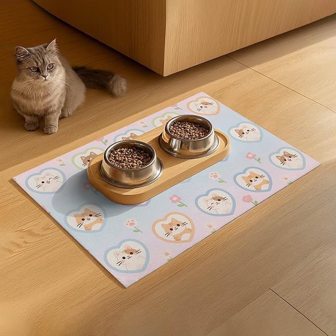 Cat Feedings Mats 20x12 inch Pastel Heart Kitten Print Pet Bowl Placemat Non Slip Mat for Dog Food and Water Indoor Kitty Feeding Station Cute Cats Meal Mat for Small Pets Kitchen Floor Use