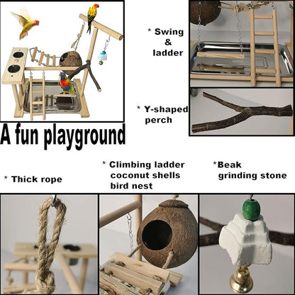 Parrots Playground Bird Play Stand Natural Wood Parrot Perch Gym Playpen Parakeet Nest with Feeder Cups Ladders Lovebirds Cage Accessories Toy Exercise Activity Center for Conure Cockatiel Lovebirds