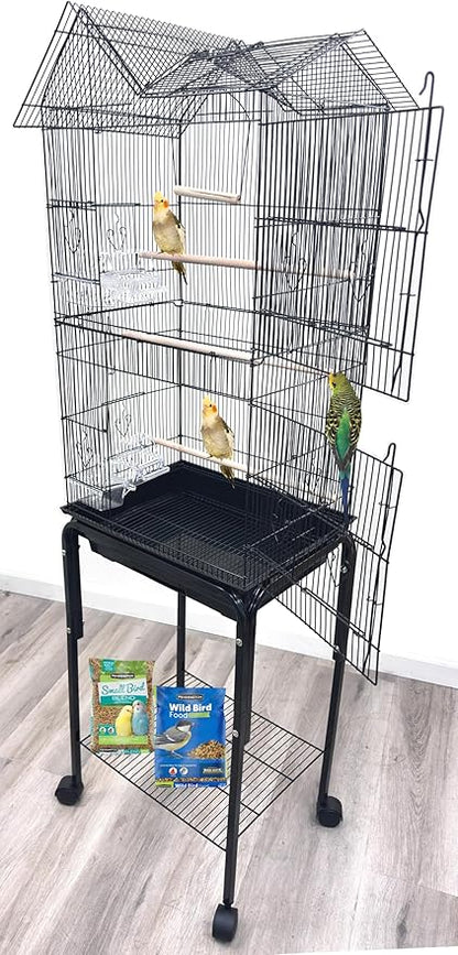 63" Roof Top Bird Flight Parrot Pet House Home Cage with Removable Rolling Stand for Cockatiel Sun Conure Parakeet Finch Budgie Lovebird Canary
