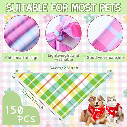 150 Pcs Spring Dog Bandanas Bulk Pet Bibs Colorful Triangle Scarf Pet Bandanas for Medium Large Dogs Spring Summer Birthday Costume Decoration