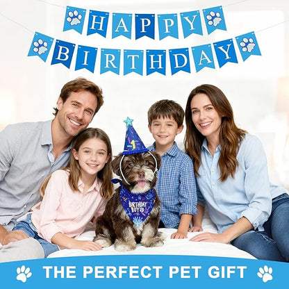 Dog Birthday Party Decorations, Adjustable Dog Bandana Set with Hat, Numbers, Banner for Pet Party Supplies Festive Accessories Large Medium Small Pet Puppy Dogs, Blue