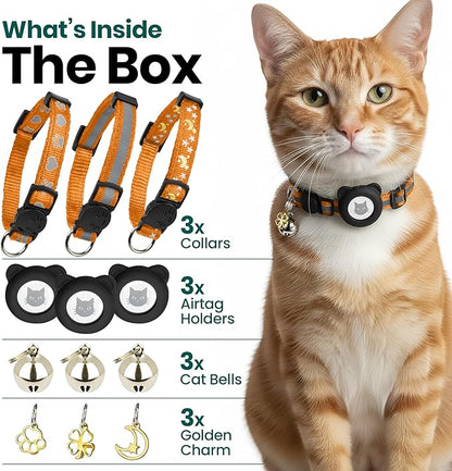 Cat Collar with AirTag Holders, 3-Pack, Reflective Breakaway Safety Collars, Bells and Matching Charms, Adjustable, Paw Hearts, Moon Stars Design, Lucky Charm, Red, Blue, Black (Orange)