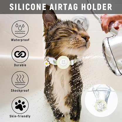 Airtag Cat Collar, JXFUKAL Kitten Collar Breakaway with Silicone Airtag Holder, Bells & Flower Charm for Girl Cats Boy Cats Small Dogs(Luminous Green)