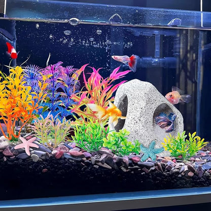 COMSUN 12 PCS Aquarium Decoration Cave Set, Ceramic Fish Tank Hideaway Rock Accessories, Colorful Plastic Aquarium Plants & Resin Starfish, Small Fish Tank Ornaments for Pet Fish to Hideout and Rest