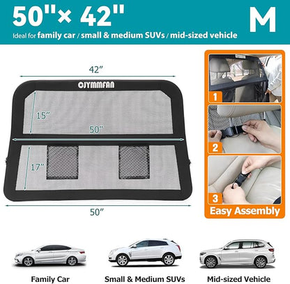 Dog Barrier for Car Back Seat & Cargo Area with Wider Coverage, Universal Fit for Cars, SUVs & Sedans, Dog Car Gate Divider with Chew-Proof Transparent Net and Sturdy Metal Frame for Backseat & Trunk