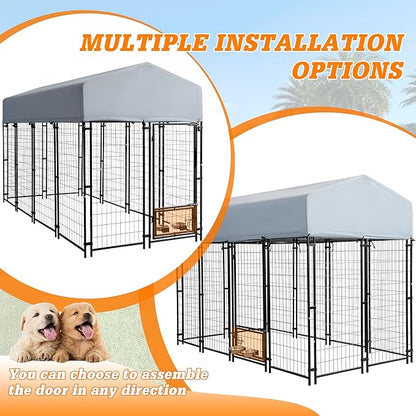8x4x6 FT Outside Large Dog Kennel with roof - Outdoor Heavy Duty Welded Wire Steel Dog Playpen with Rotating Bowls, Dog Run Enclosure Crate Cage with Lockable Doors for Chicken, Rabbit
